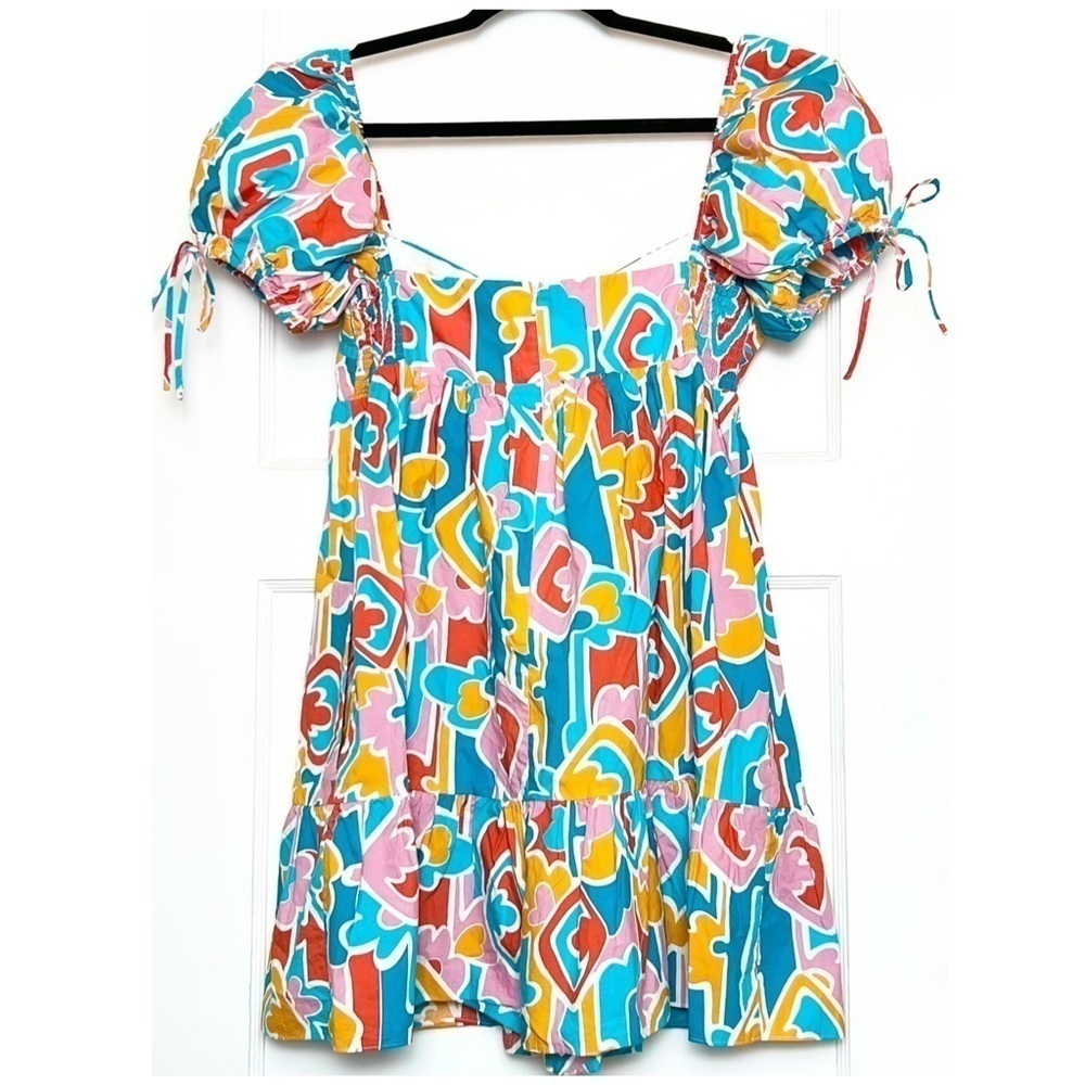 AMANDA UPRICHARD 90s Abstract Graphic Print Puff Short Sleeve Babydoll Dress L‎ - Picture 12 of 16